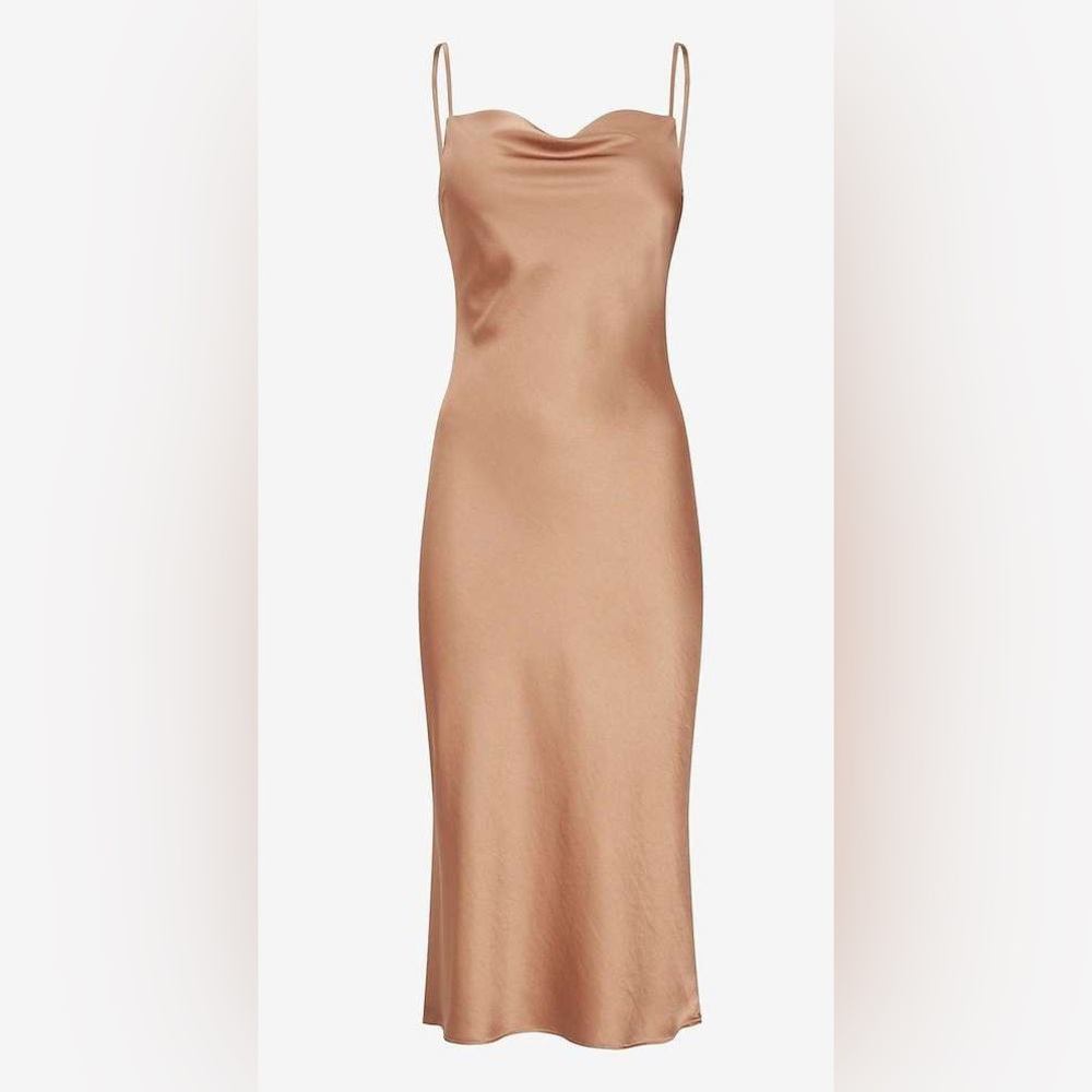 EXPRESS Satin Cowl Neck Side Slit Midi Slip Dress Taupeish Color Size Medium